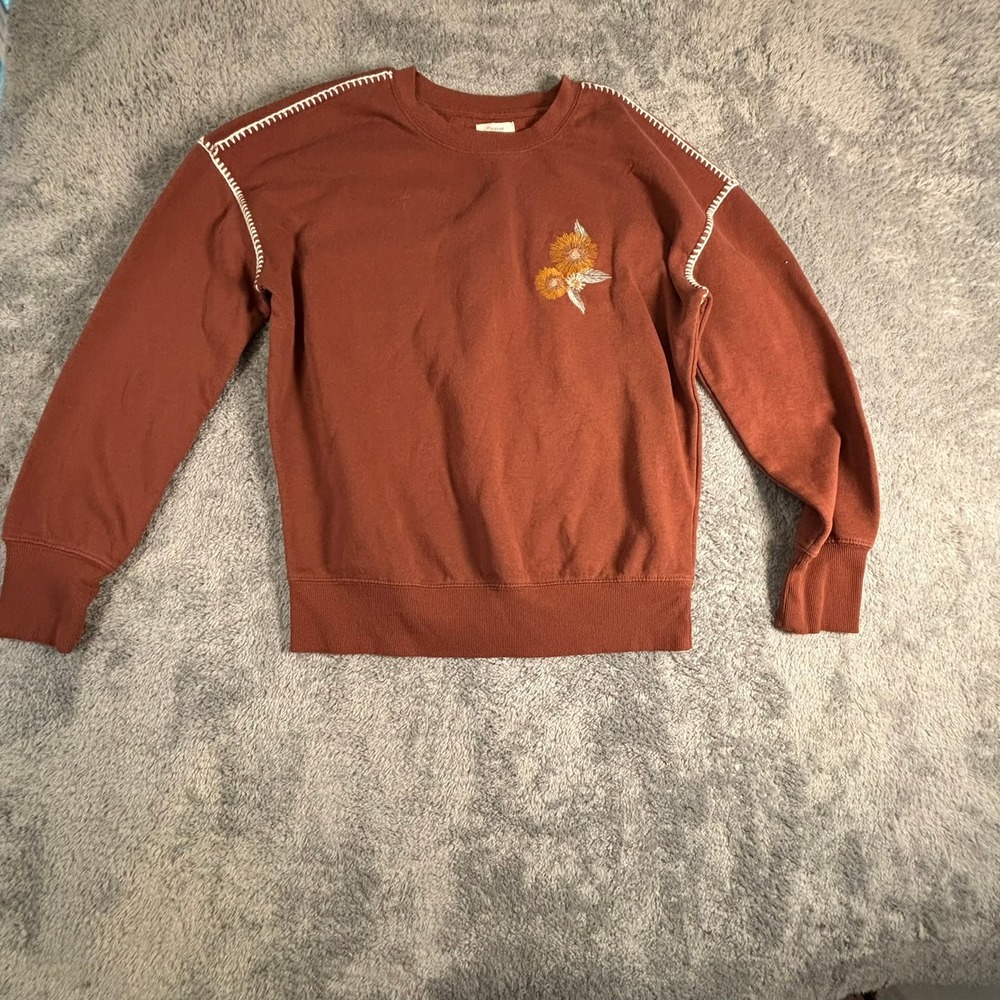Maurices Rust Orange Floral Embroidered Whipstitch Sweatshirt Small Boho Top
